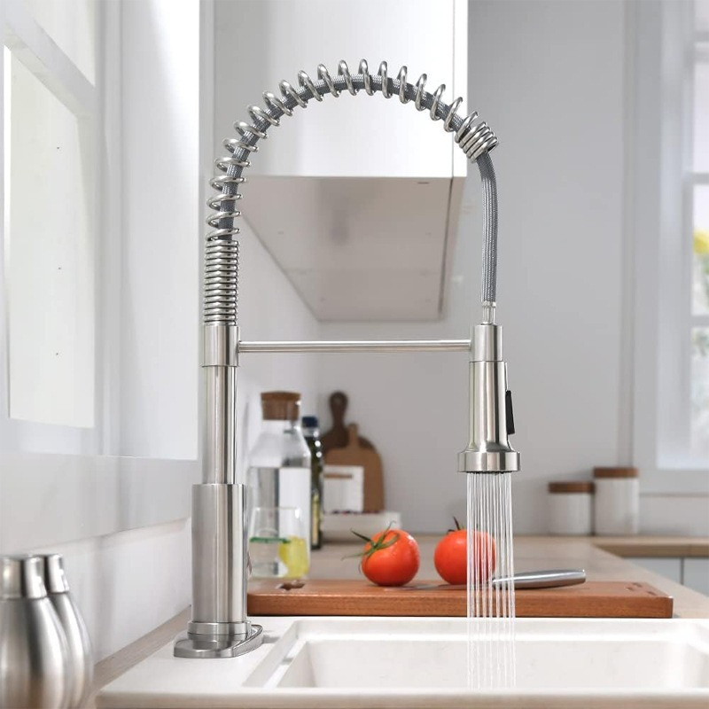 Robinet cuisine | Mitigeurs cuisine-Robinet cuisine à ressort chromé avec douchette extractible — Jet aéré — Acier inoxydable – Bec rotatif