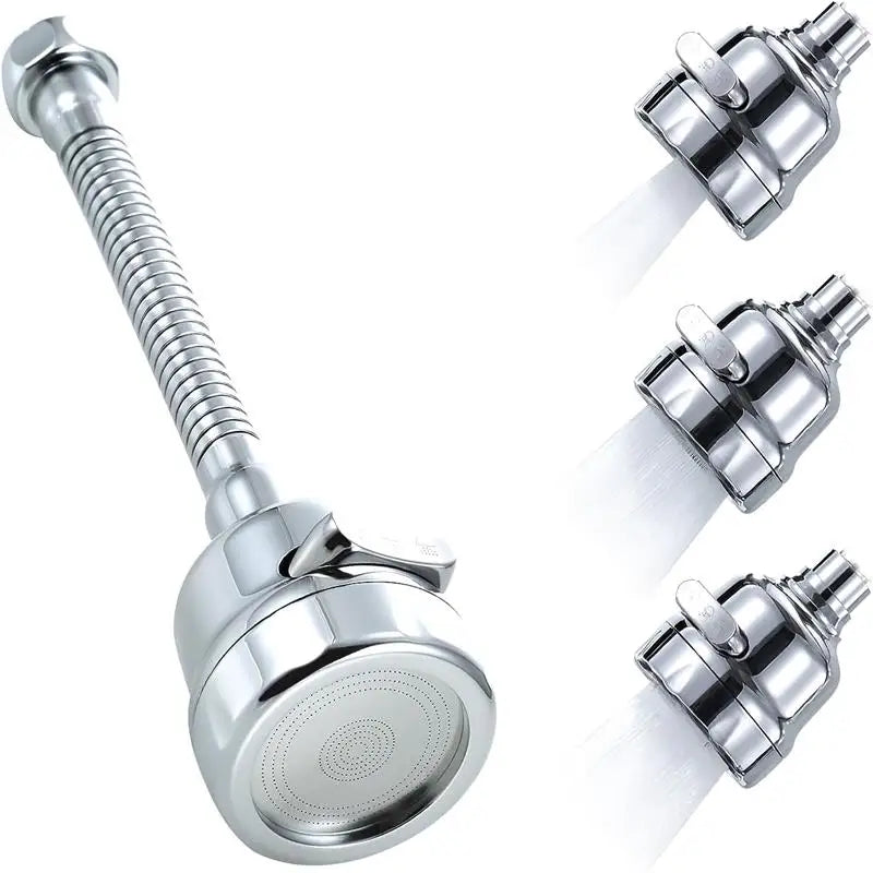 Trois embouts couleur argent avec les trois modèles et un robinet cuisine couleur argent modèle long