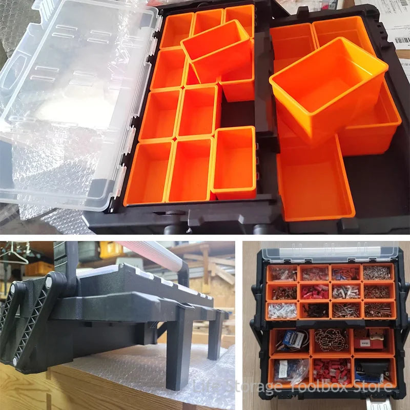 Caisse a outils a deux couches orange pleine de quincaillerie