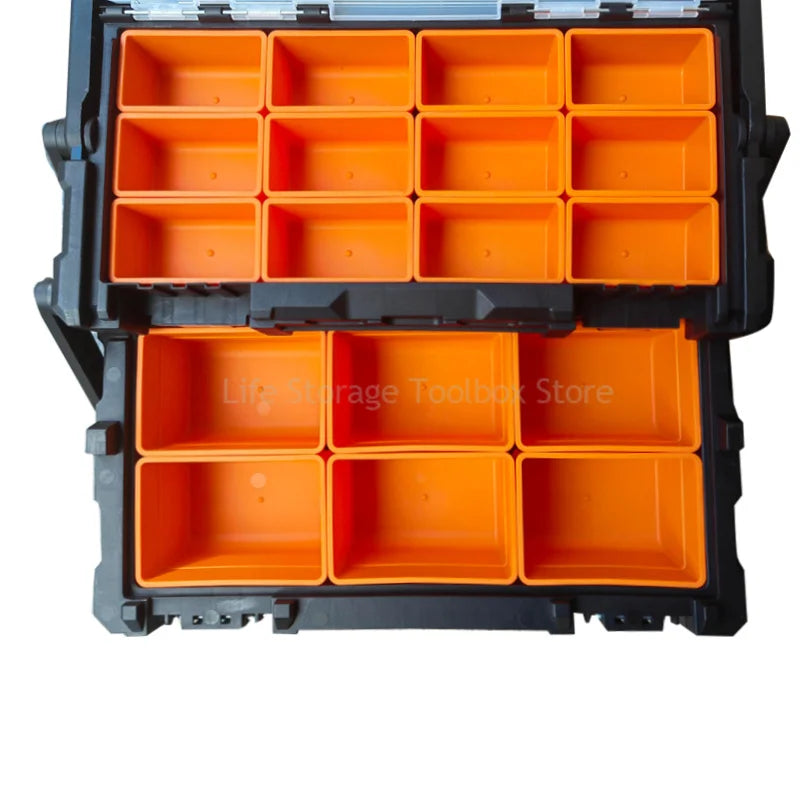 Caisse a outils a deux couches orange ouverte