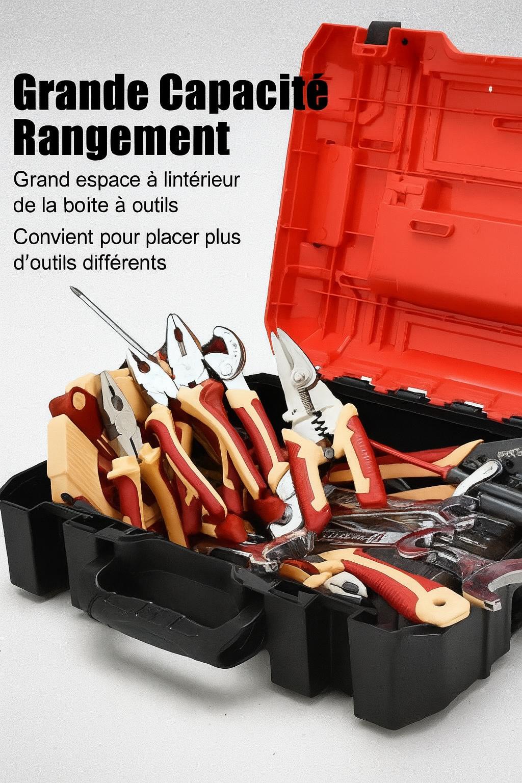 Caisse a outils empilable, portable rouge et noire ouverte