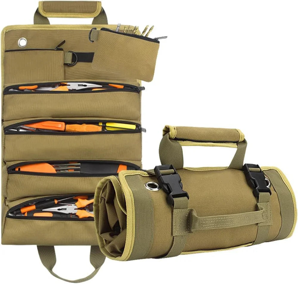 Caisse a outils marron, ouverte ,fermée ,Sac à outils enroulable portable