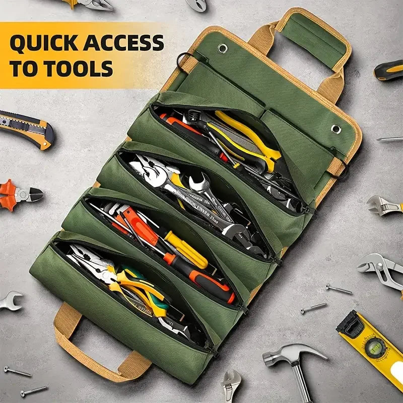 Caisse a outils verte ouverte, Sac Ă outils enroulable portable, outils sur table