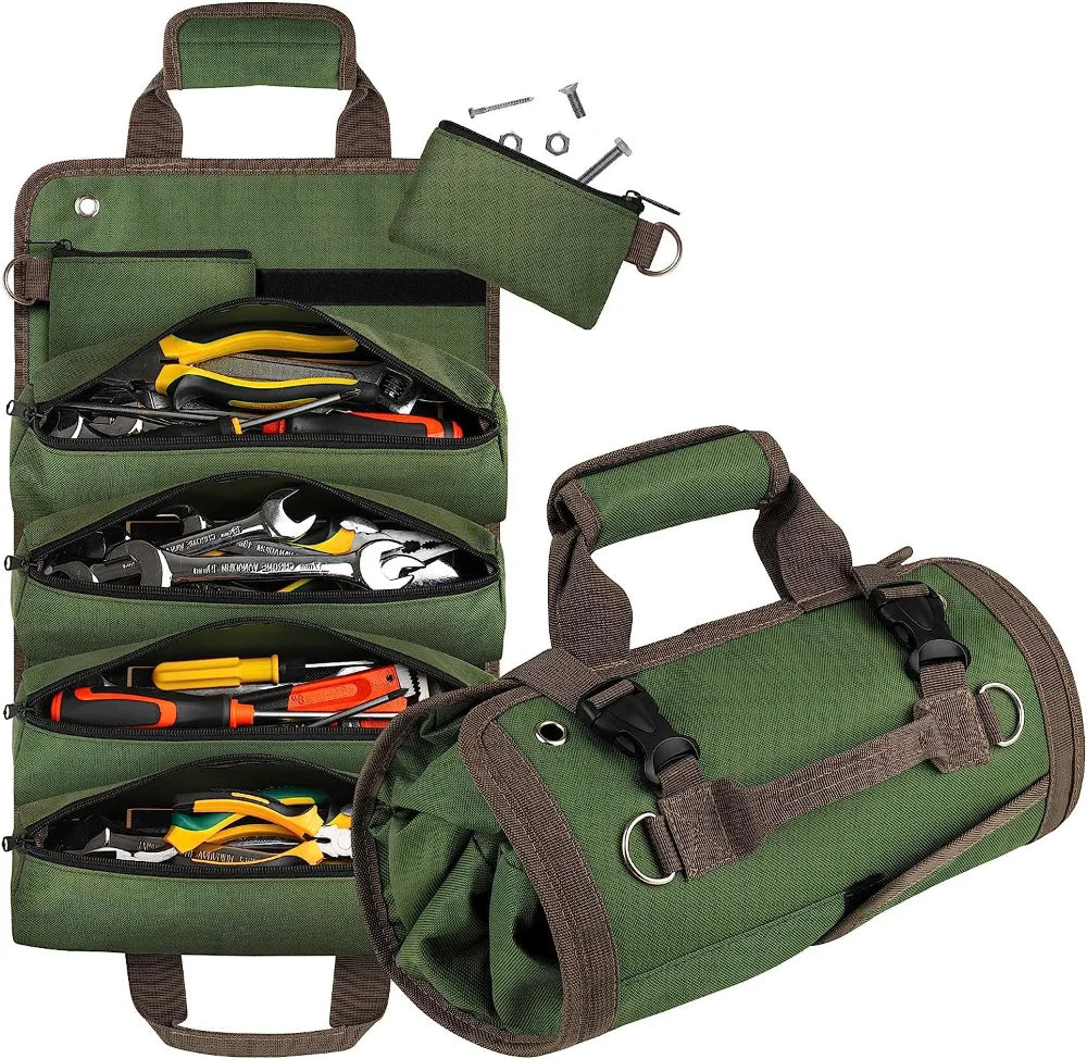 Caisse a outils verte, ouverte ,fermée ,Sac à outils enroulable portable