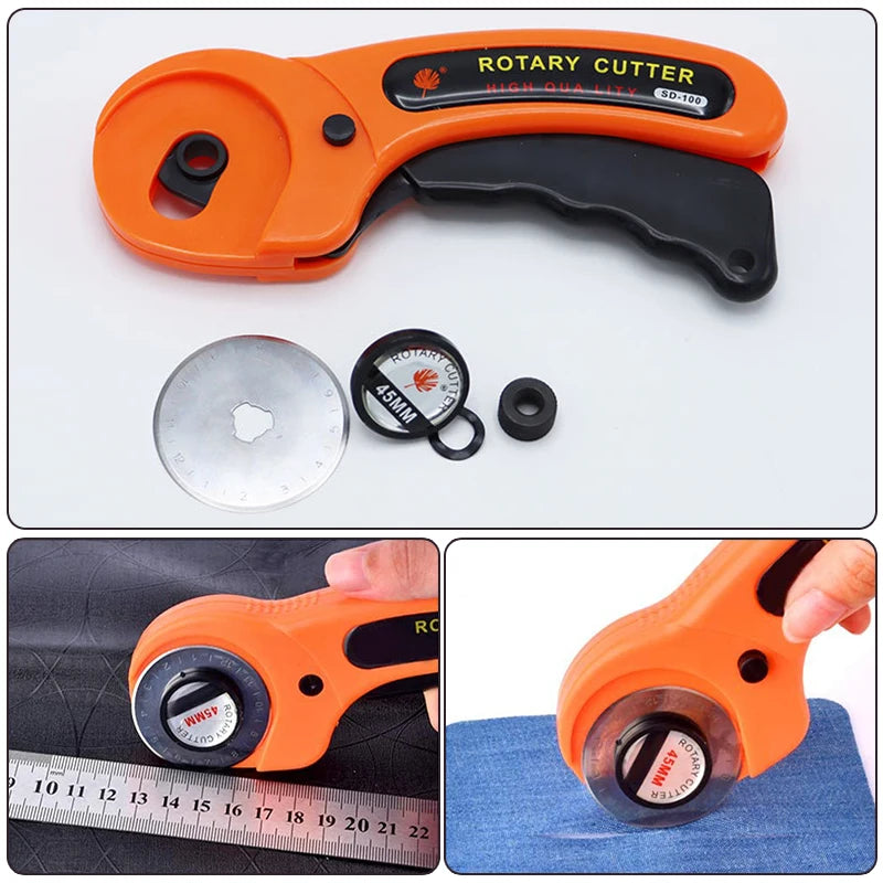 Cutter rotatif orange, coupe tissu noir, moquette bleue