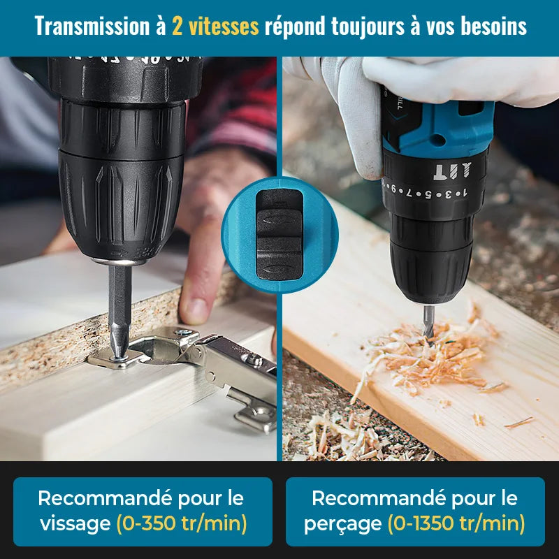 Deux-têtes-de-Perceuse-à-percussion-bleue-vissage-sur-métal-bois-perçage-planche