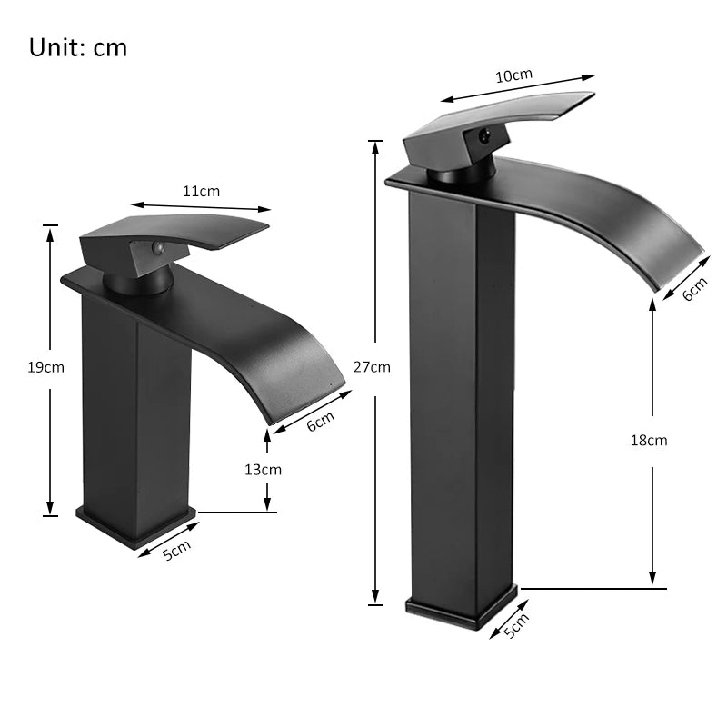 Dimensions des Deux modĂšles de Robinet salle de bain noir long et court