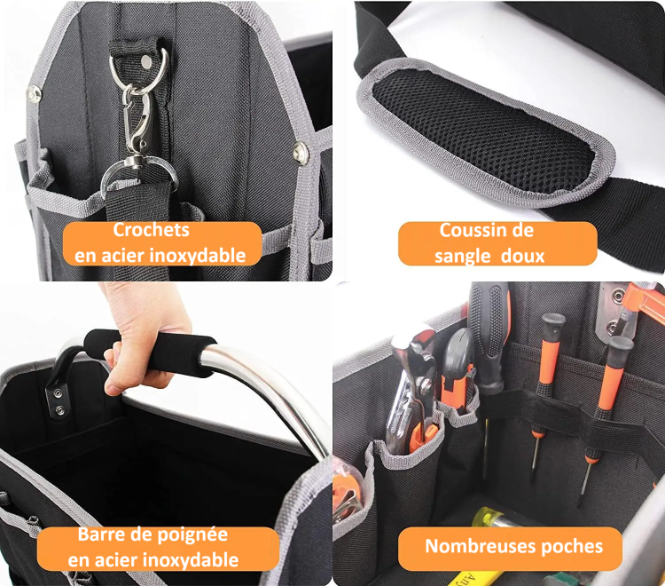 Sac-outils-Polyvalent-crochets-barre-poignée-en-acier-inoxydable-sangle-poches