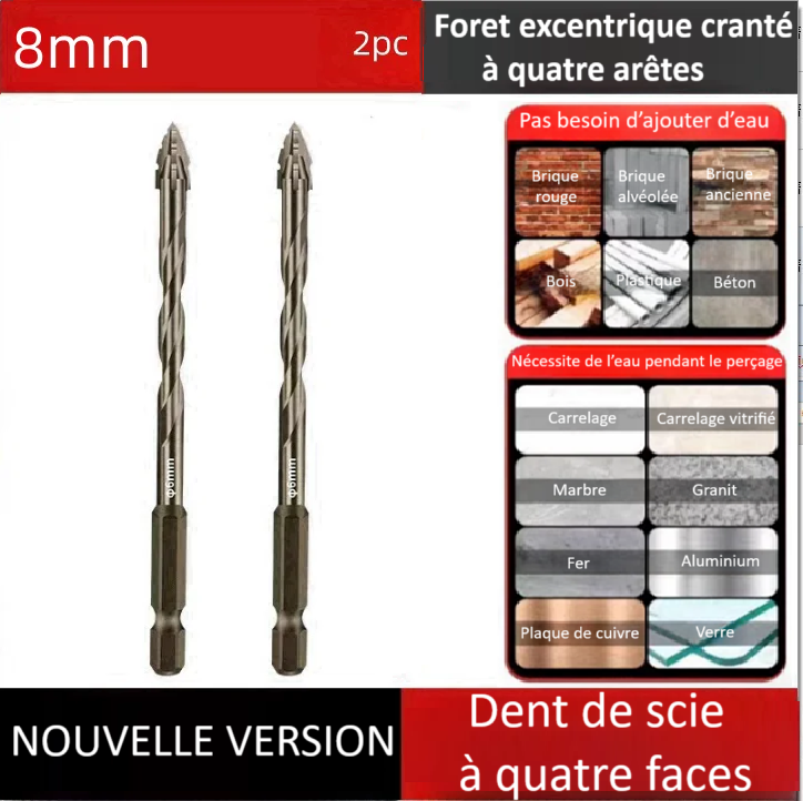 Foret perceuse |Foret excentrique 4 arêtes en alliage renforcé – perce, porcelaine, béton, briques et l’acier
