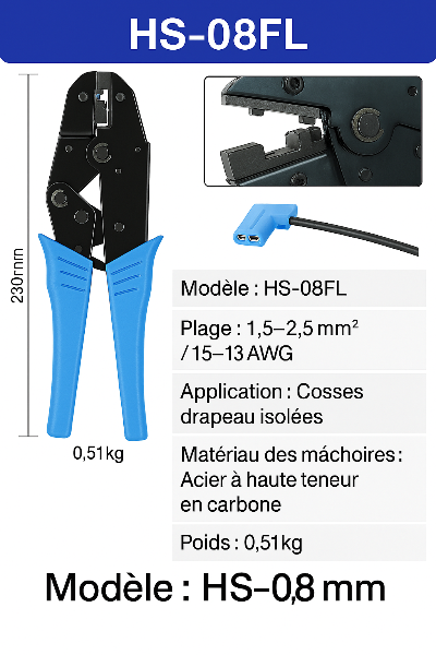 Pince a sertir HS-08FL modèle HS-0,8mm