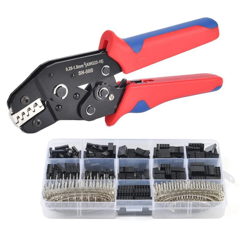 Pince a sertir poignee ergonomique rouge et bleue avec 310, 620 , et 1550 pieces