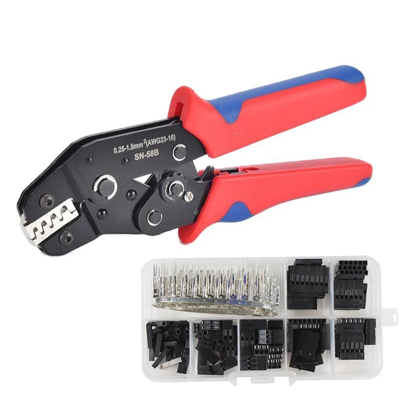 Pince a sertir poignee ergonomique rouge et bleue avec 310, 620 , et 1550 pieces