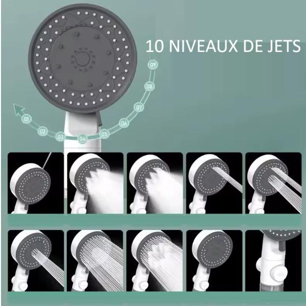 Pommeau de douche anti calcaire blanc avec 10 niveaux de jets