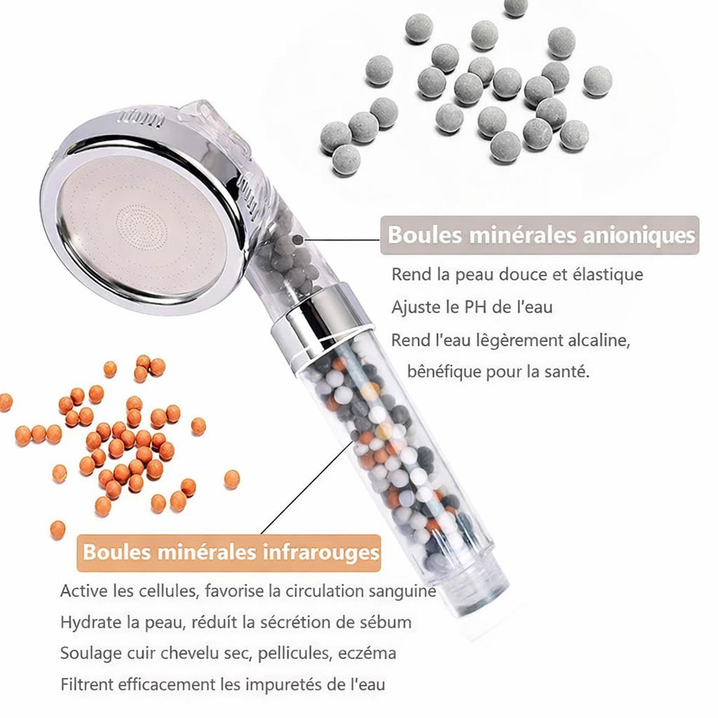 Pommeau de douche filtrant avec boules minerales marrons infrarouge