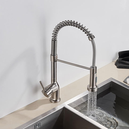 Robinet cuisine | Mitigeurs cuisine-Robinet cuisine à ressort chromé avec douchette extractible — Jet aéré — Acier inoxydable – Bec rotatif