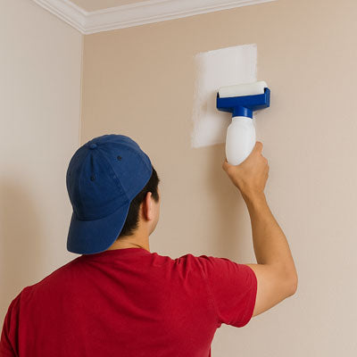 Rouleau peinture blanc et bleu dans une main d'homme avec casquette bleue et teeshirt rouge