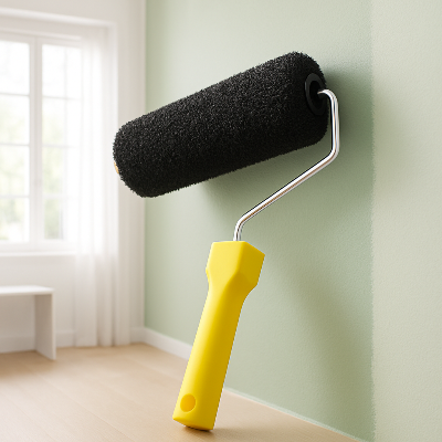 Rouleau peinture à poignée ergonomique jaune dans salle verte