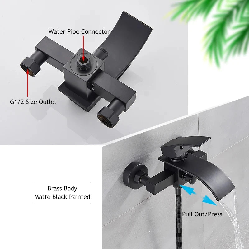 Mitigeur baignoire |Cascade Noire - mitigeur à bec cascade avec douchette à main et robinet de baignoire