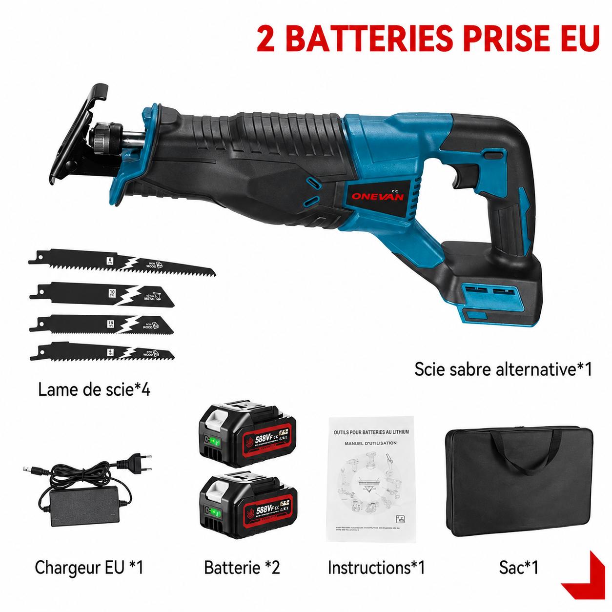 Scie Sabre Alternative Sans Fil ,sacoche noire, deux batteries, quatre lames , métal, bois,plastique, acier et profiles, un chargeur