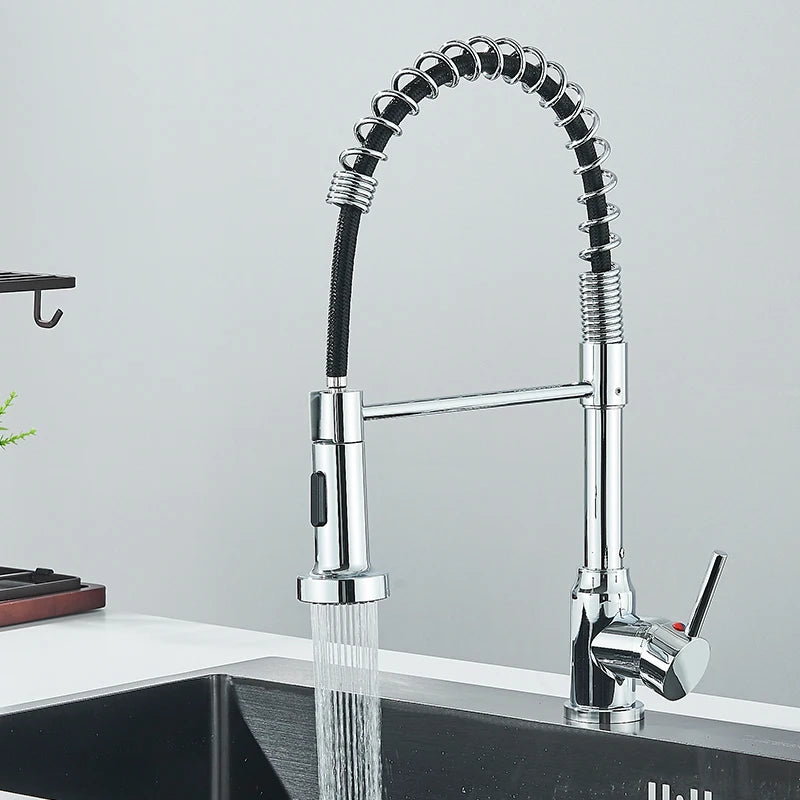 Robinet cuisine | Mitigeurs cuisine-Robinet cuisine à ressort chromé avec douchette extractible — Jet aéré — Acier inoxydable – Bec rotatif