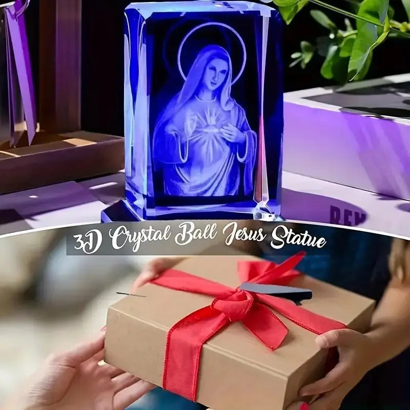 Statue-de-Vierge-Marie-lumière-led-bleue-sur-bureau-emballage-cadeau-bande-rouge-feuille-verte