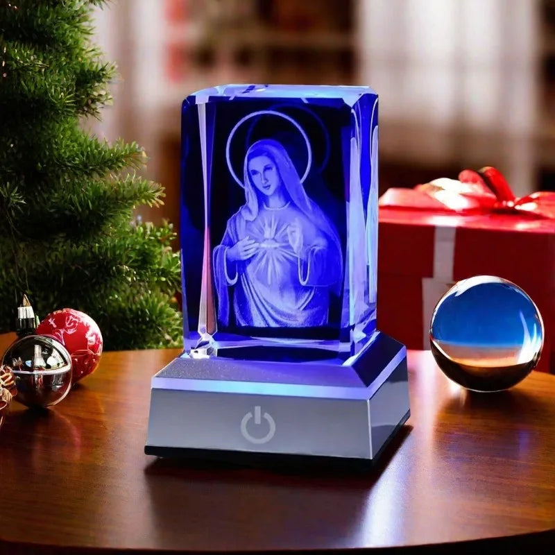 Statue-de-Vierge-Marie-lumiere-led-bleue-sur-bureau-sapin