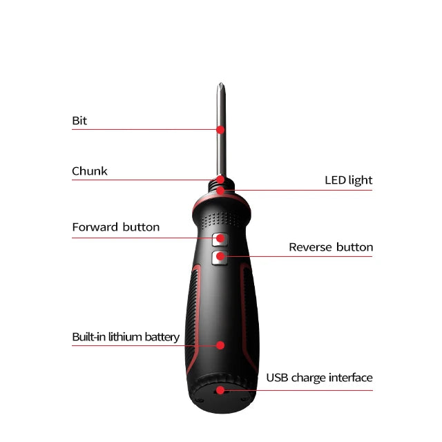 Tournevis electrique Rechargeable USB 3.6V avec lumière LED, nomenclature