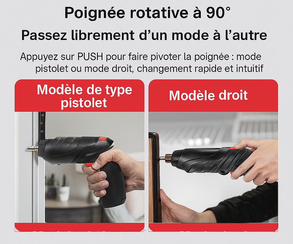 Tournevis electrique noir modèle type pistolet et modèle droit, rotation de quatre-vingt-dix degrés