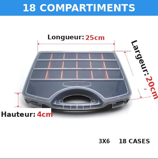 Boîte de rangement 18 compartiments, 25x20x4cm, organisateur pour petites pièces et visserie