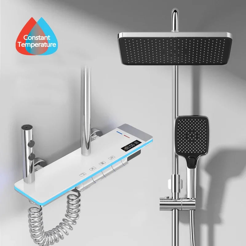Colonne de douche argentée à LEDS bleues, mode température réglable