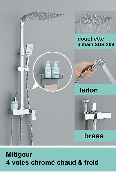 colonne de douche chromee avec mitigeur 4 voies et bec en laiton et douchette