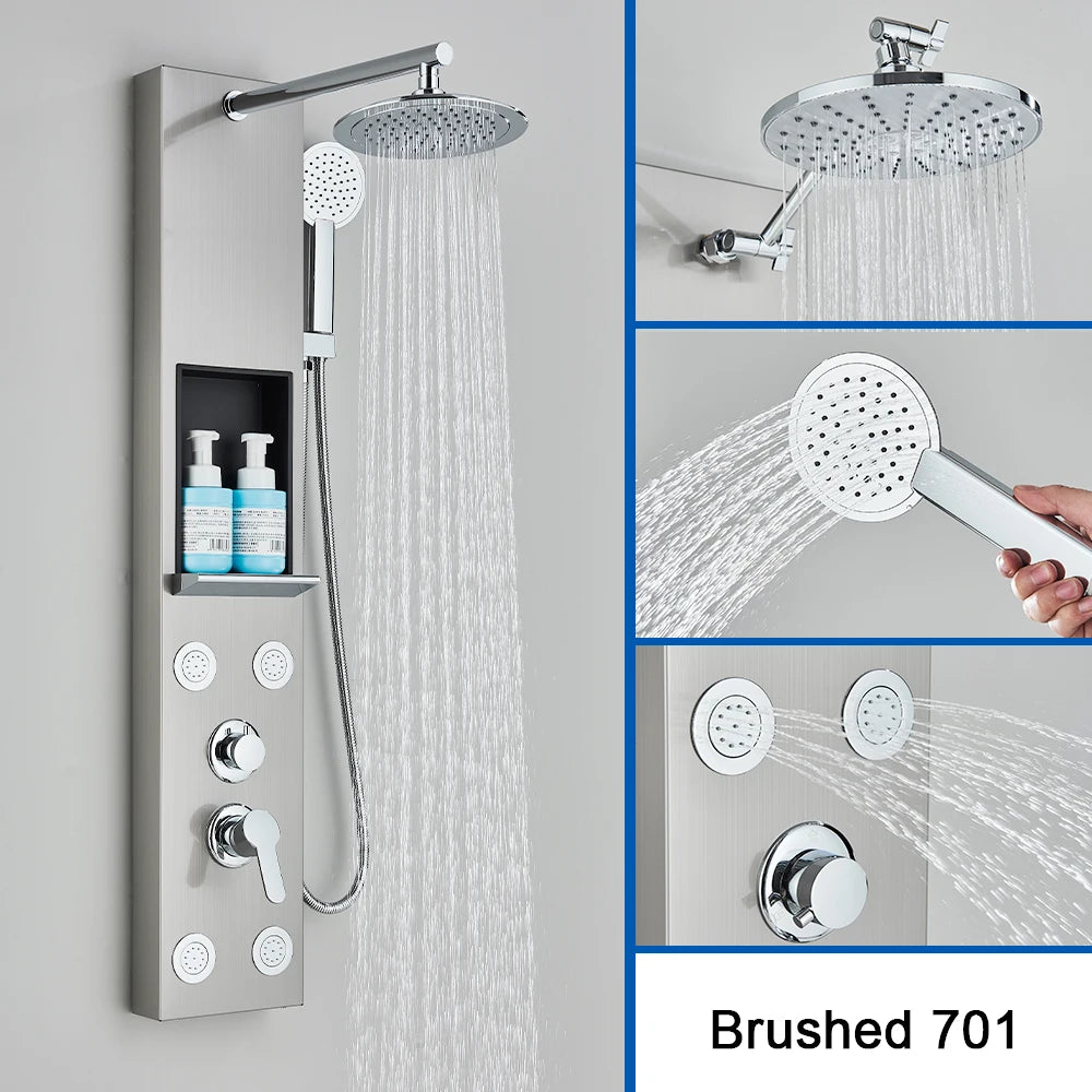 Colonne de douche, nickel brosse, pluie large, cascade, jets de massage, 701