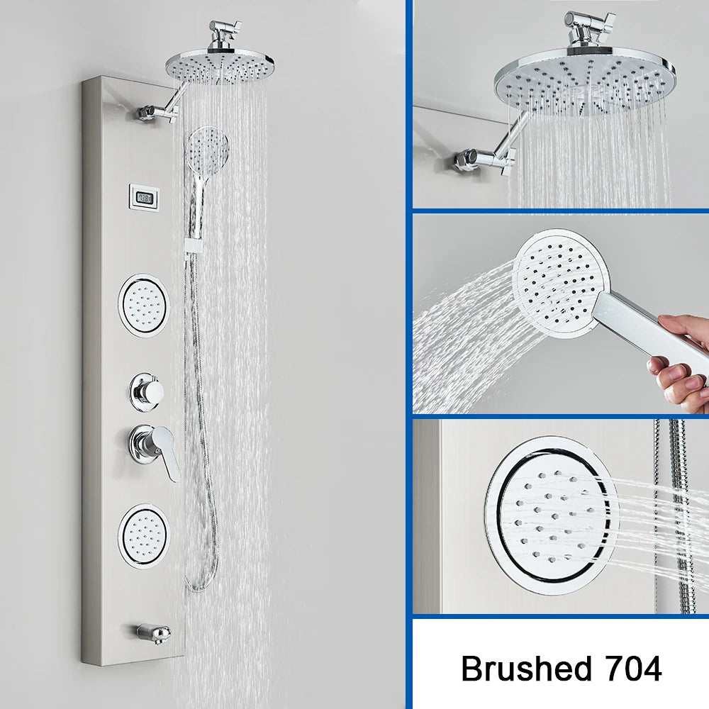 Colonne de douche, nickel brosse, pluie large, cascade, jets de massage, 704