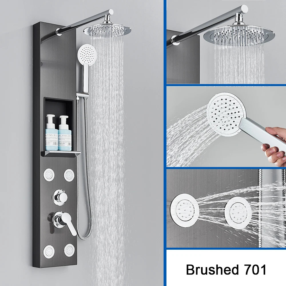 Colonne de douche noir brosse, pluie large, cascade, jets de massage, 701