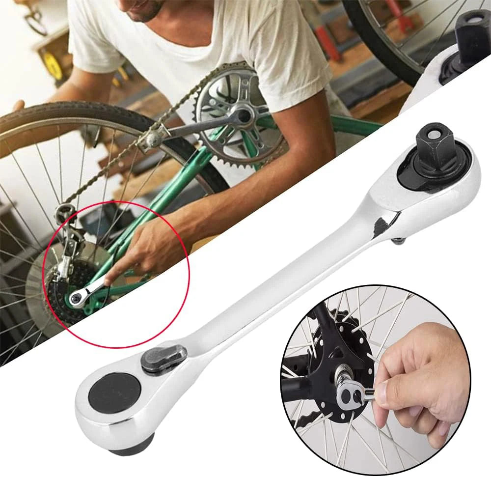 cycliste repare velo avec CLE A cliquet