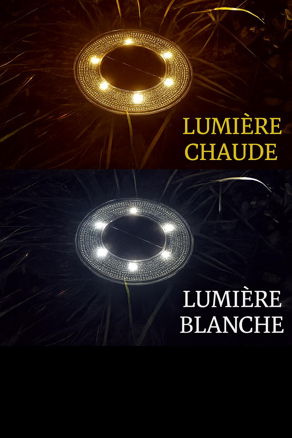 Deux Lampe solaire exterieur allumées, lumière chaude et lumière blanche
