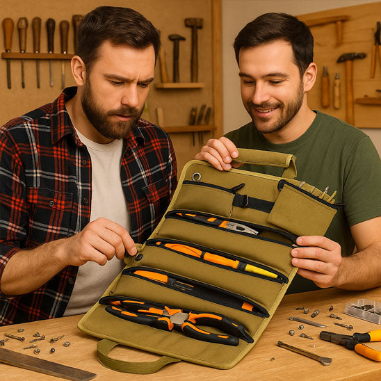 deux hommes tiennent Caisse a outils marron , Sac Ă outils enroulable portable ouvert