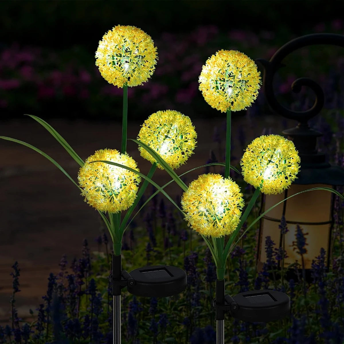 deux lampe solaire extérieur avec panneaux solaires ,pissenlit lumineux, jaunes dans jardin nuit