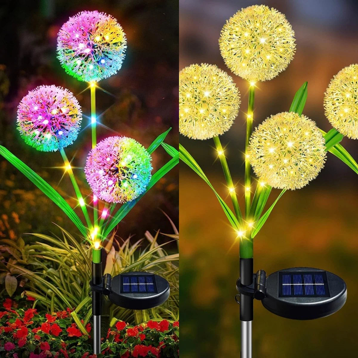 deux lampe solaire extérieur avec panneaux solaires ,pissenlit lumineux, jaunes et multicolors