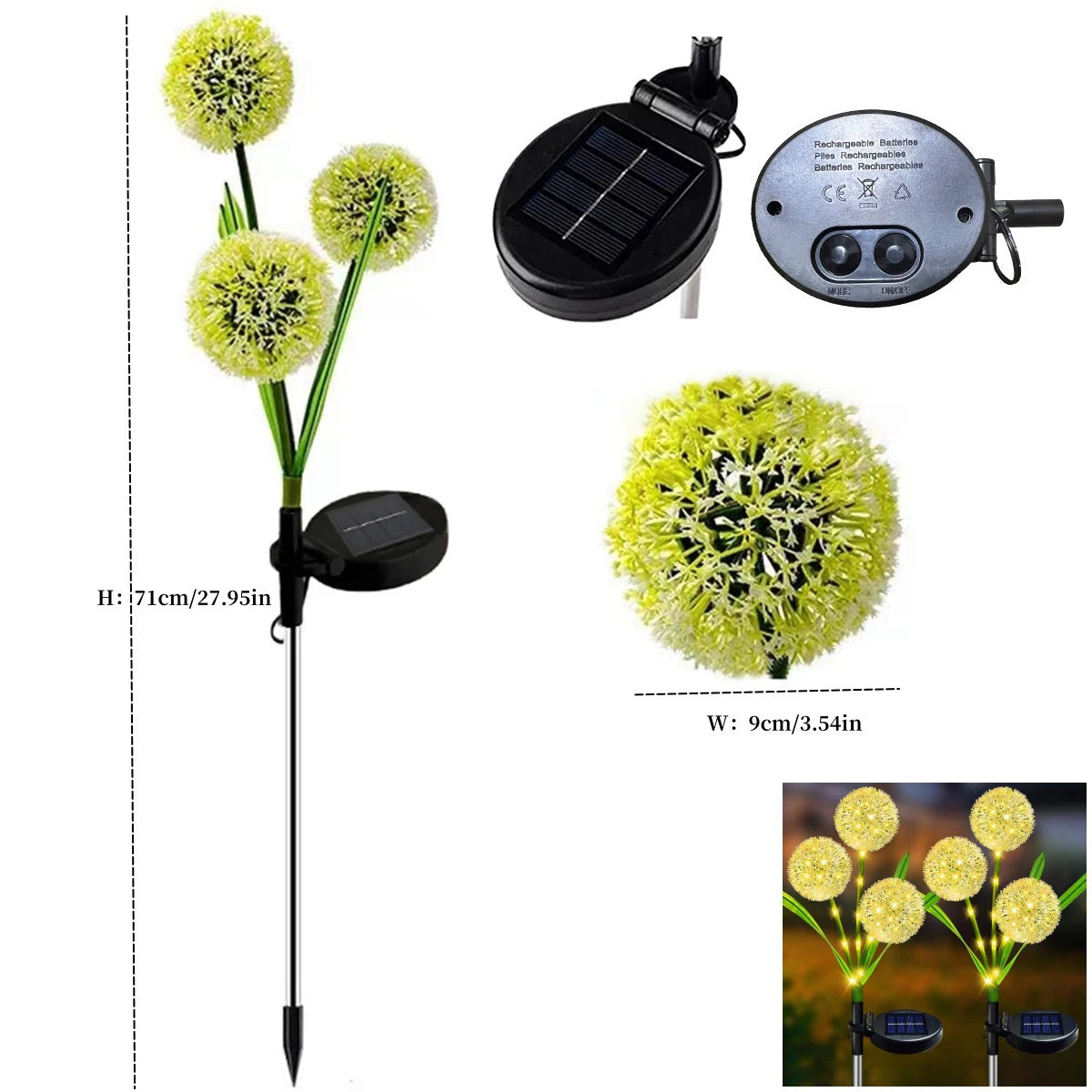 lampe solaire extérieur avec panneaux solaires ,pissenlit lumineux jaunes