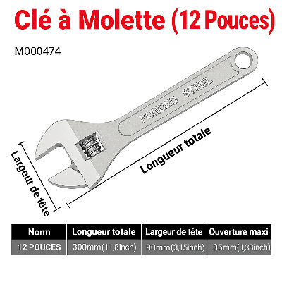 dimensions CLE A molette 12 pouces