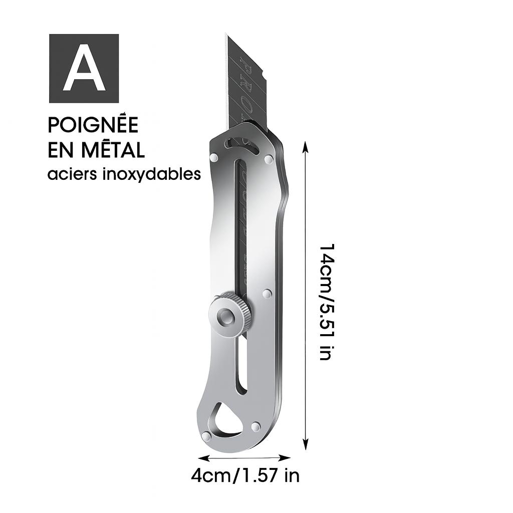 dimensions Cutter professionel argenté, six en un, poignee metal