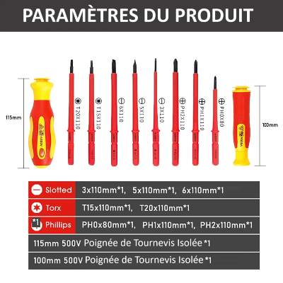 dimensions de differentes talles de TOURNEVIS ELECTRICIEN jaune orange isolé , paramètres