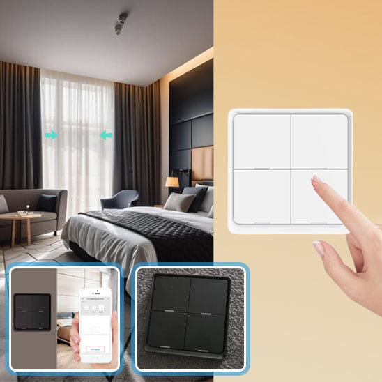 doigt appui sur interrupteur connecté, commande ouverture rideau de chambre a coucher