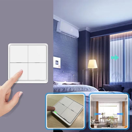 doigt appui sur interrupteur connecté, commande allumage appliques chambre a coucher violette, luminaires salle a manger