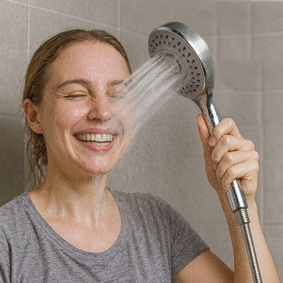 femme souriante tient Pommeau de douche en mode pluie