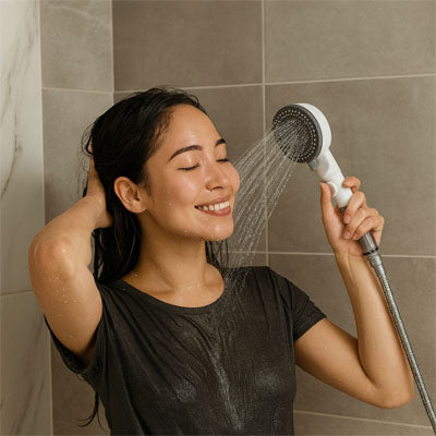 femme souriante tient Pommeau de douche anti calcaire en mode pluie