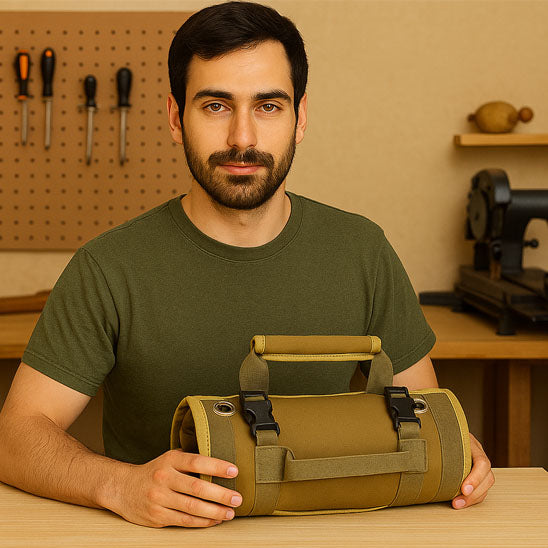 homme dans l'atelier tiens Caisse a outils vert Sac Ă outils enroulable portable marron