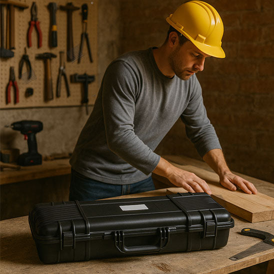 homme avec casque jaune utilise Caisse a outils, Organisateur de boîte
