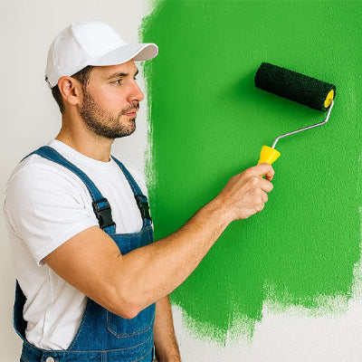 homme avec casquette blanche pull blanc peint avec Rouleau peinture